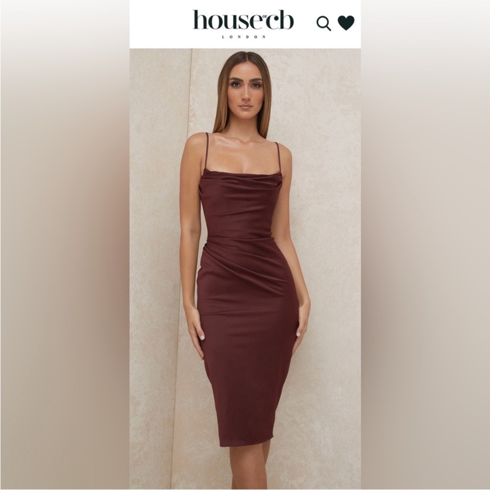 House of CB Anja Satin Corset Midi Dress Size Medium in Raisin Brown